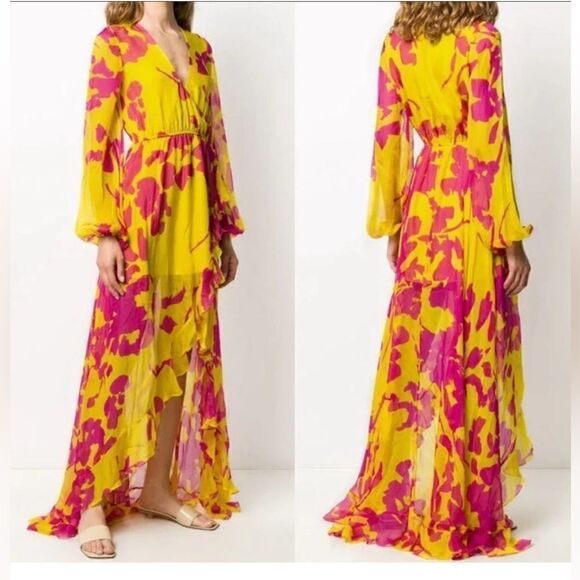 Caroline Constas Liv Maxi Dress High Low Silk Large Yellow/Pink - Picture 15 of 15